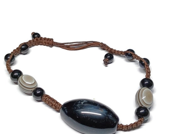 Vtg 90s Handmade Black Glass Bead Bracelet Gender… - image 1