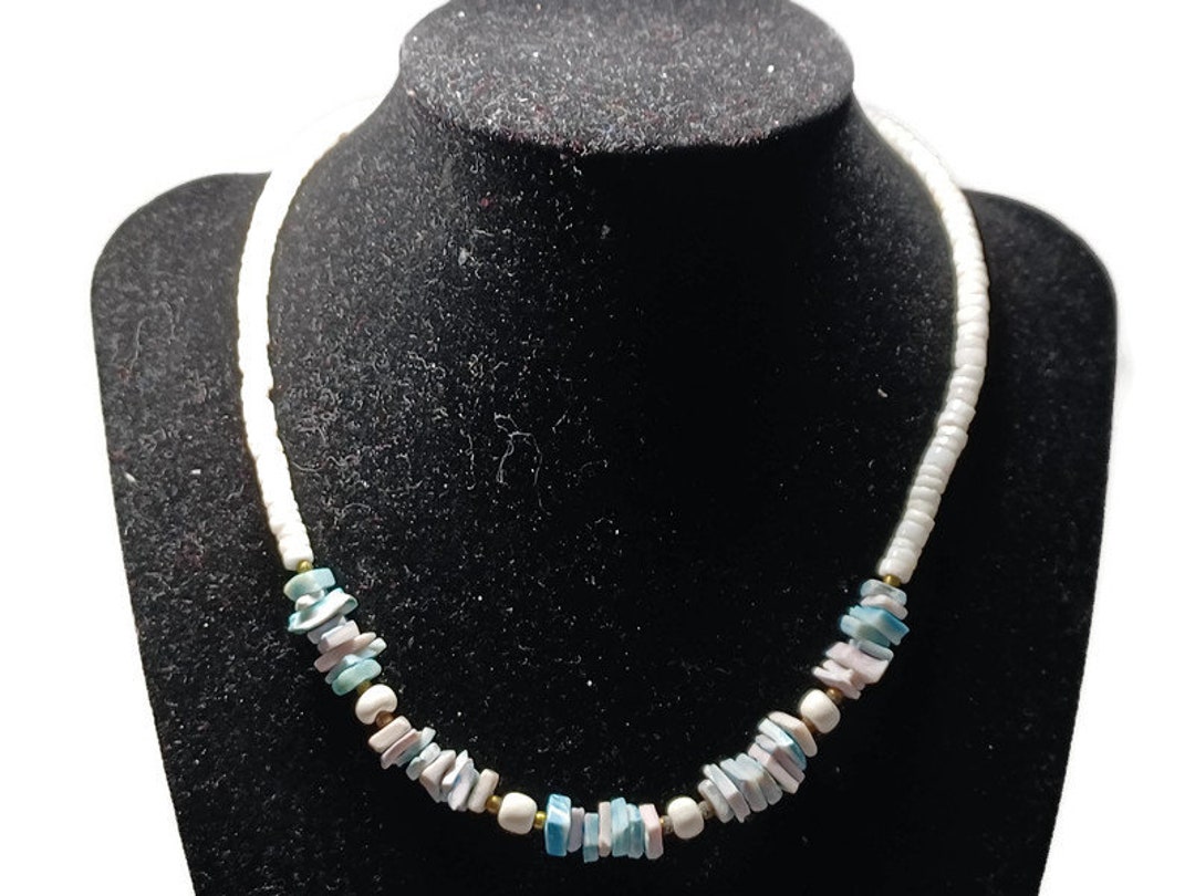 Vtg 90s White Puka Shell and Blue Appetite Bead Choker Necklace - Etsy