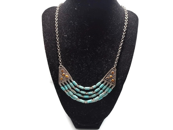 Vtg 80s  Art Deco Style Turquoise And Tiger's Eye… - image 1