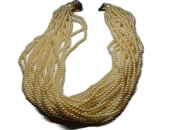 Vtg 80s 16 Strand Cream Seed Bead Necklace - image 1