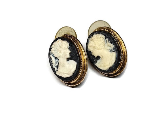 Vtg 90s Black And White Victorian Style Cameo Ear… - image 1
