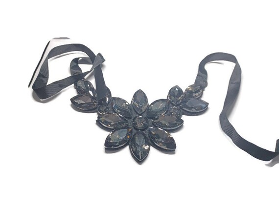 Vtg 80s Black Glass Bead Floral Ribbon Choker Nec… - image 1