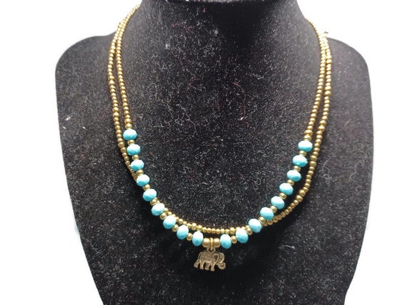 Vtg 90s Blue Chalcedony And Gold Tone Elephant Ch… - image 1