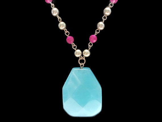 Vtg 80s Blue/Green Amazonite And Pink Agate Penda… - image 2