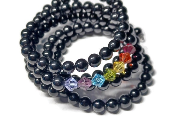 Vtg 80s Black Glass Bead Cuff Bracelet With Color… - image 1