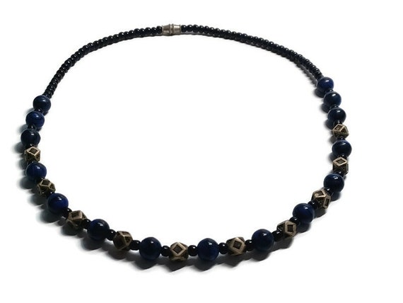 Vtg 80s Navy Lapis Lazuli Beads Black  Glass And … - image 3