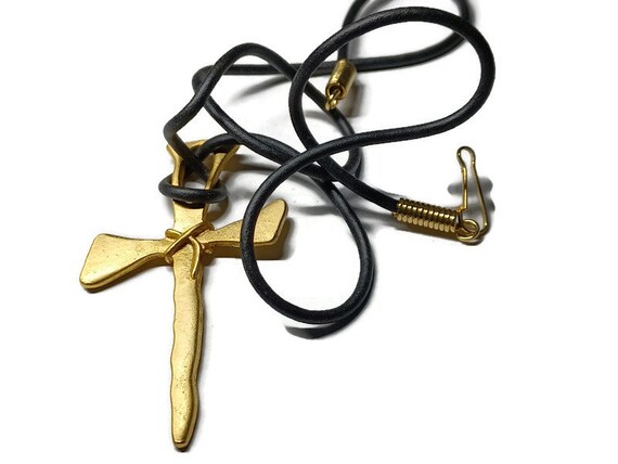 Vtg 80s Gold Tone Cross On Cord - image 1