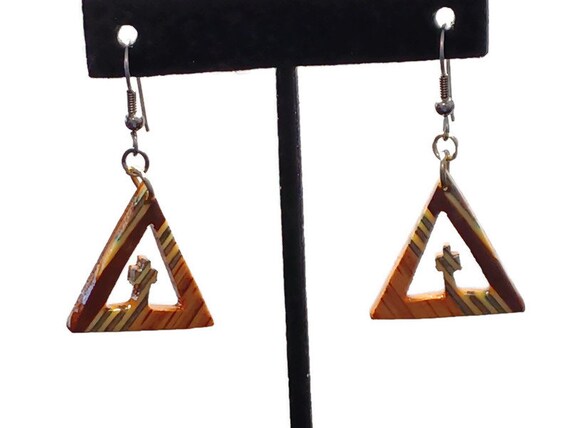 Vtg 90s Triangular Wooden Cross Earrings - image 1
