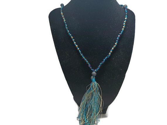 Vtg 90s Glass Bead Knotted Tassel Necklace - image 1