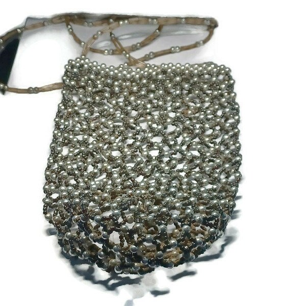 Vtg 80s Handmade Glass Bead Purse With Shoulder Strap