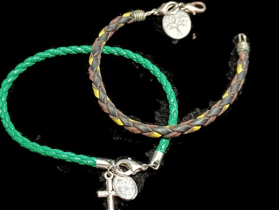 2 Vtg 90s Leather Religious  Charm Bracelets - image 1