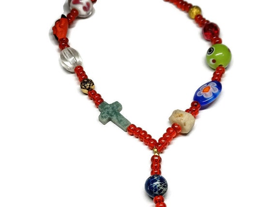 Vtg 90s Handpainted Bead Cross Bracelet - image 2