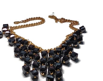 Vtg 80s Black Glass Bead Bib Necklace