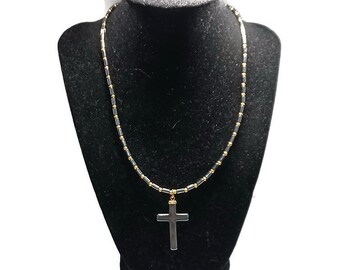Vtg 90s Hematite And Gold Tone Cross Necklace