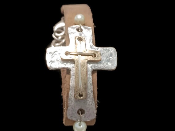 Vtg 90s Leather Silver Tone And Gold Tone Cross B… - image 2