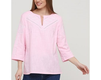 Chemise brodée rose pâle femme moderne pour femme en lin naturel