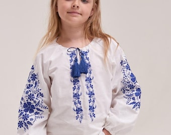 Blue Embroidered blouse for a girl "VIOLET". Blouse with Ukrainian ornaments.