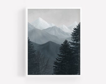 Blue Gouache Style Mountains Digital Printable Illustration Digital Download