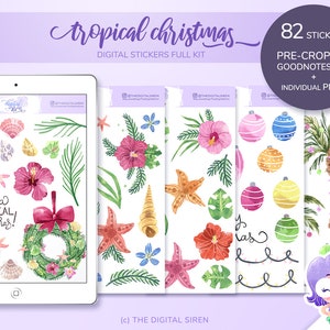 Crustaceancore tropical Christmas stickers, digital stickers kit, functional planner stickers pre cropped for Goodnotes, individual PNG