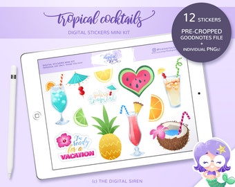 Tropical Cocktail Digital Stickers, Summer Planner, Goodnotes PNG (Mini Kit)