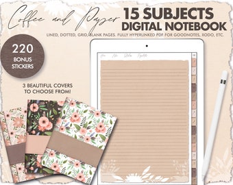 Cuaderno digital de café y papel, 15 materias, 220 pegatinas (PDF)