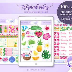 Tropical Vibes stickers full kit, summer vacation floral stickers pre cropped for goodnotes, individual PNG for notability, zoomnotes, xodo
