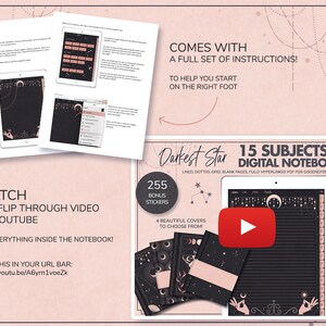 Puede incluir: Un cuaderno digital con 15 temas, con una portada negra y rosa con un dise&ntilde;o de estrella y luna. El cuaderno incluye 255 pegatinas de bonificaci&oacute;n y 4 portadas diferentes para elegir. El texto "Darkest Star" se muestra en la portada. El cuaderno est&aacute; completamente hipervinculado para su uso con Goodnotes, Xodo y otras aplicaciones para tomar notas.