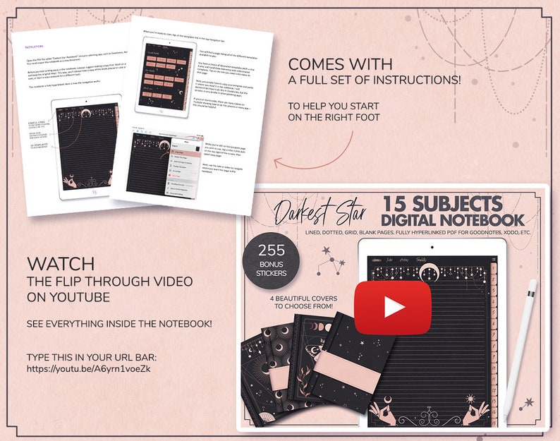 Puede incluir: Un cuaderno digital con 15 temas, con una portada negra y rosa con un dise&ntilde;o de estrella y luna. El cuaderno incluye 255 pegatinas de bonificaci&oacute;n y 4 portadas diferentes para elegir. El texto "Darkest Star" se muestra en la portada. El cuaderno est&aacute; completamente hipervinculado para su uso con Goodnotes, Xodo y otras aplicaciones para tomar notas.