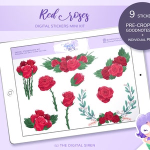 Digital planner stickers mini kit, Red roses floral stickers, flowers pre cropped for goodnotes, individual PNG for notability, xodo