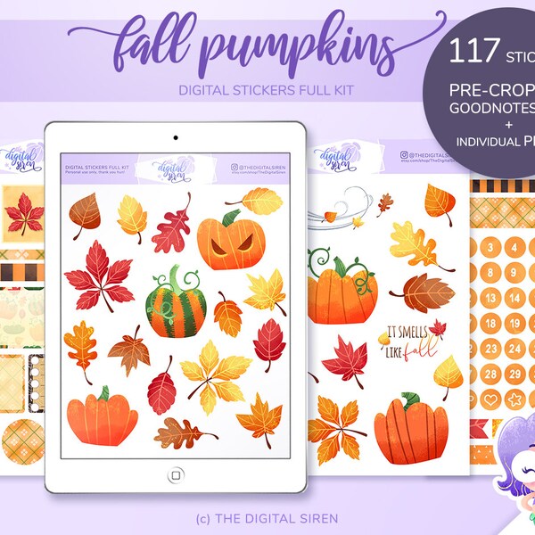 Digital planner stickers full kit, Fall leaves and pumpkins digital stickers pre cropped for goodnotes, individual PNG for notability, xodo