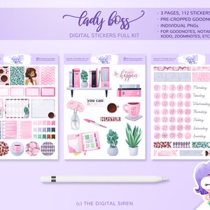 May include: A digital sticker set for planners and journals featuring a pink, green, and brown color scheme. The stickers include illustrations of coffee cups, plants, books, and office supplies. The text "lady boss" and "you can do it" are included in the sticker set. The sticker set is designed for use with digital planning apps like Goodnotes, Notability, Xodo, and Zoomnotes.