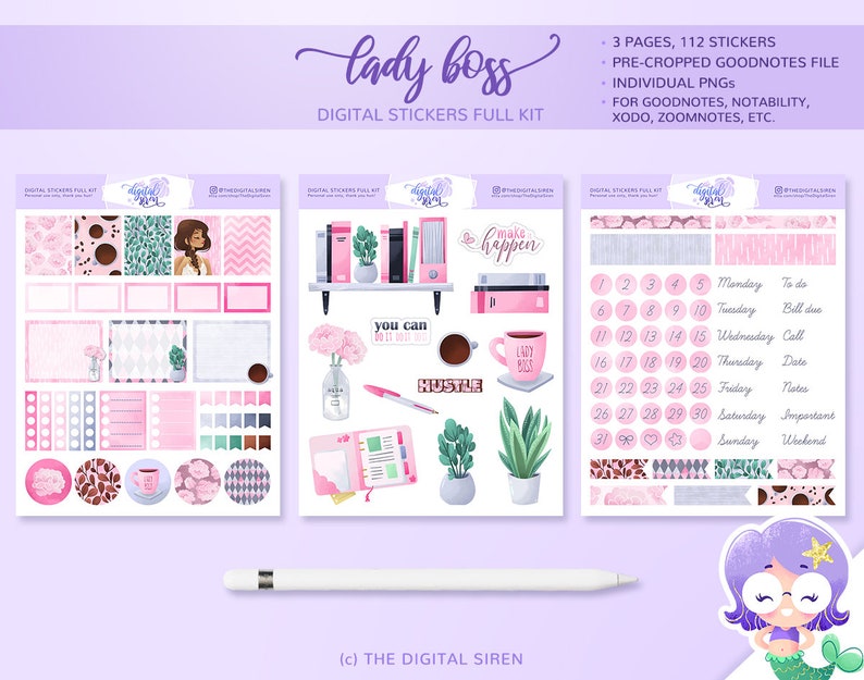 May include: A digital sticker set for planners and journals featuring a pink, green, and brown color scheme. The stickers include illustrations of coffee cups, plants, books, and office supplies. The text "lady boss" and "you can do it" are included in the sticker set. The sticker set is designed for use with digital planning apps like Goodnotes, Notability, Xodo, and Zoomnotes.