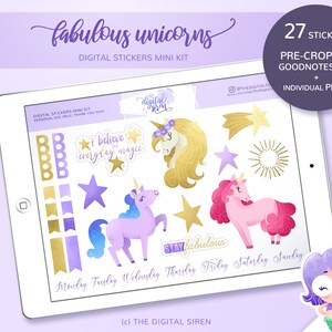 Fabulous unicorns digital stickers mini kit, digital planner stickers pre cropped for goodnotes, individual PNG for notability, zoomnotes