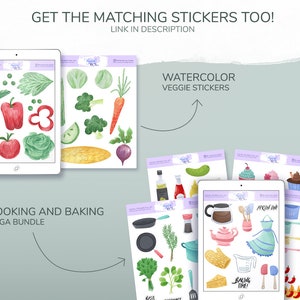 Op de afbeelding: Digitale stickers met aquarel illustraties van groenten en kookgerei. De afbeelding toont een tablet met groente stickers, waaronder een rode paprika, ma&iuml;s en broccoli. Andere stickers zijn bakgereedschap, een theepot en een schort. Tekst op de afbeelding zegt "Cooking and Baking Mega Bundle."