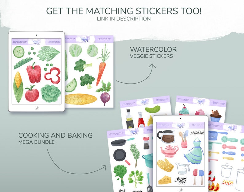 Op de afbeelding: Digitale stickers met aquarel illustraties van groenten en kookgerei. De afbeelding toont een tablet met groente stickers, waaronder een rode paprika, ma&iuml;s en broccoli. Andere stickers zijn bakgereedschap, een theepot en een schort. Tekst op de afbeelding zegt "Cooking and Baking Mega Bundle."