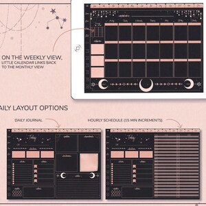 May include: A digital planner with a black and white colour scheme. The planner has a weekly view, a daily journal view, and an hourly schedule view. The planner is decorated with stars and moons.
