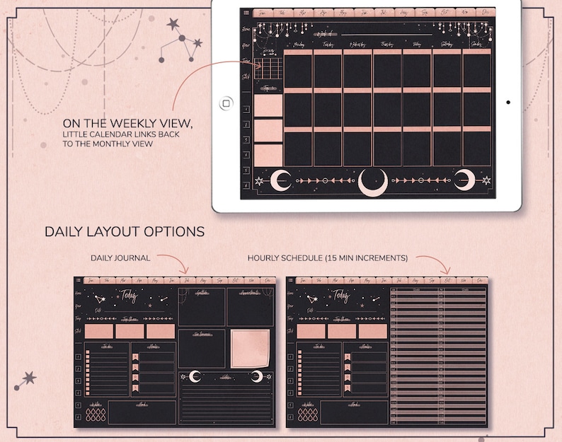May include: A digital planner with a black and white colour scheme. The planner has a weekly view, a daily journal view, and an hourly schedule view. The planner is decorated with stars and moons.
