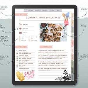Op de afbeelding: Een digitaal receptsjabloon op een tabletscherm, met een recept voor Quinoa & Fruit Snack Bars. De lay-out bevat ingredi&euml;ntenlijsten, instructies en selectievakjes voor dieetwensen. De woorden "Baking Time!" zijn ook zichtbaar.