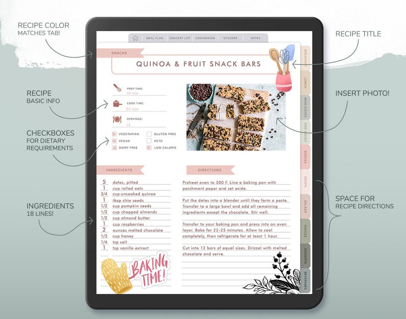Op de afbeelding: Een digitaal receptsjabloon op een tabletscherm, met een recept voor Quinoa & Fruit Snack Bars. De lay-out bevat ingredi&euml;ntenlijsten, instructies en selectievakjes voor dieetwensen. De woorden "Baking Time!" zijn ook zichtbaar.