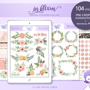 In Bloom digital stickers full kit, flowers and floral planner stickers pre cropped for goodnotes, individual PNG for notability, zoomnotes