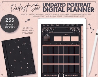 Darkest Star Digital Planner, Undated Portrait, Black Paper (PDF)
