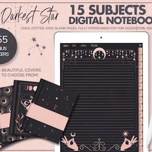 Puede incluir: Un cuaderno digital con 15 temas, con un fondo oscuro con una luna rosa y estrellas. El cuaderno tiene 255 pegatinas de bonificaci&oacute;n y 4 hermosas portadas para elegir. El texto "Darkest Star" est&aacute; en la parte superior de la imagen.