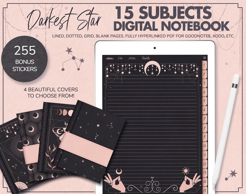 Puede incluir: Un cuaderno digital con 15 temas, con un fondo oscuro con una luna rosa y estrellas. El cuaderno tiene 255 pegatinas de bonificaci&oacute;n y 4 hermosas portadas para elegir. El texto "Darkest Star" est&aacute; en la parte superior de la imagen.