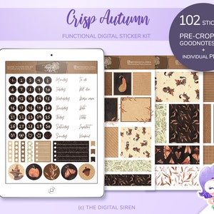 Puede incluir: Un kit de pegatinas digitales con 102 pegatinas precortadas para Goodnotes. El kit presenta un tema otoñal con colores marrón, naranja y crema. Las pegatinas incluyen un calendario, una lista de tareas y varias ilustraciones de temática otoñal.