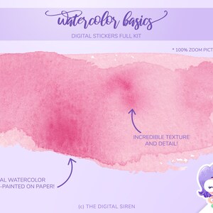 May include: A digital sticker set featuring hand-painted watercolor textures in pink and white. The text "Watercolor basics" and "Digital Stickers Full Kit" is included in the image. The image also includes the text "Real Watercolor Hand-Painted on Paper!" and "Incredible Texture and Detail!"