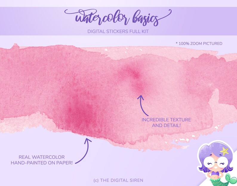 May include: A digital sticker set featuring hand-painted watercolor textures in pink and white. The text "Watercolor basics" and "Digital Stickers Full Kit" is included in the image. The image also includes the text "Real Watercolor Hand-Painted on Paper!" and "Incredible Texture and Detail!"
