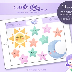 Digital planner sticker mini kit, cute sun moon and stars stickers pre cropped for goodnotes, individual PNG for notability, zoomnotes, xodo