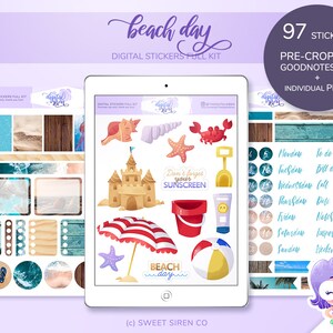 Digital planner stickers kit, summer beach day vacation stickers pre cropped for goodnotes, individual PNG for notability, zoomnotes, xodo