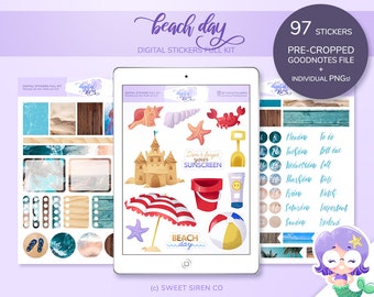 Summer Beach Day Digital Planner Stickers, Goodnotes PNG (97 Stickers)