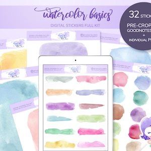 May include: A digital sticker set featuring 32 watercolor-style stickers in various colors and shapes. The stickers are pre-cropped for use in the Goodnotes app and are also available as individual PNG files. The set includes a mermaid illustration.